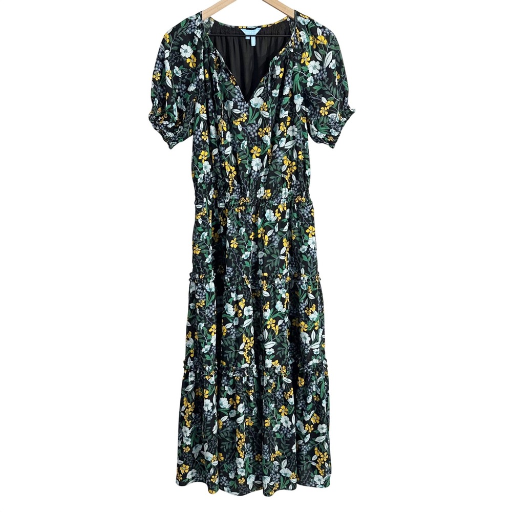 Draper James Floral Metaliic Long Tiered‎ Dress Green Medium Cottagecore Boho